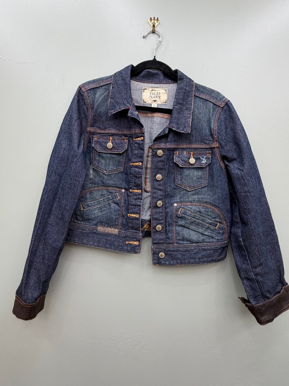 Old Navy Special Edition Denim Jacket L Y2K Cropped Distressed Faux Leather Trim